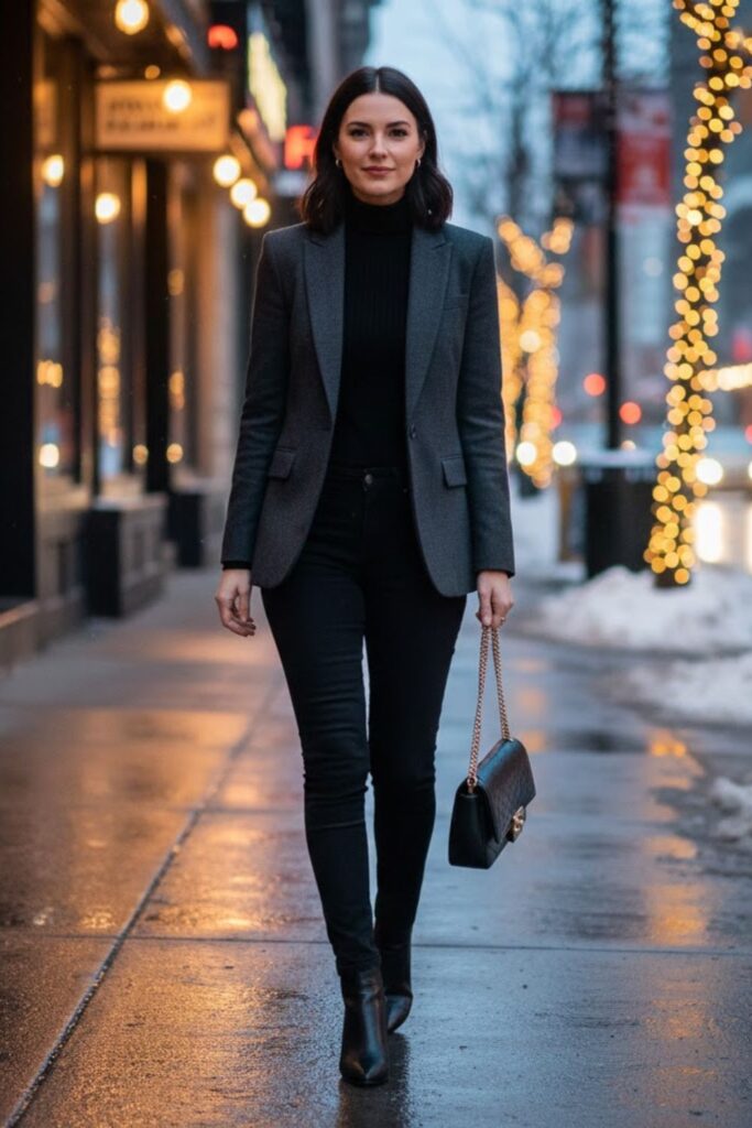 Black Skinny Jeans with Blazer and Turtleneck