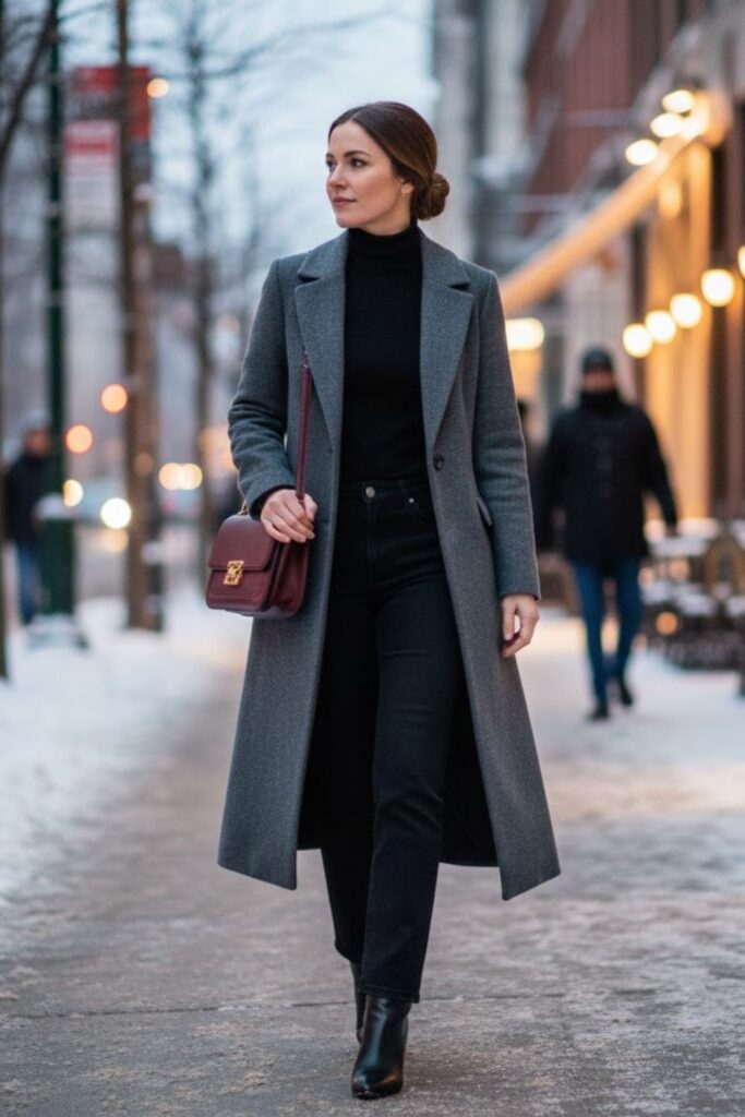 Black Straight-Leg Jeans with Turtleneck and Wool Coat
