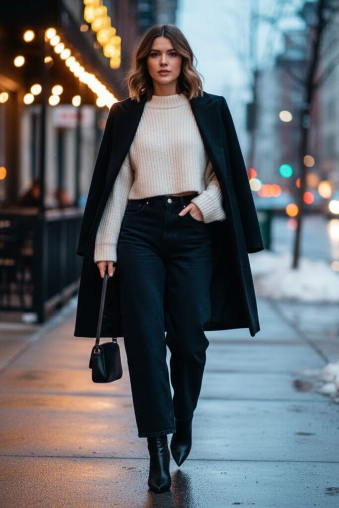 Black Wide-Leg Jeans with Cropped Sweater and Heeled Boots