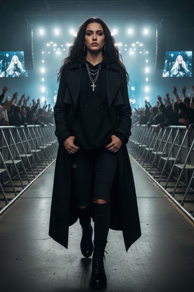 Black trench coat + layered hoodie + ripped skinny jeans + combat boots