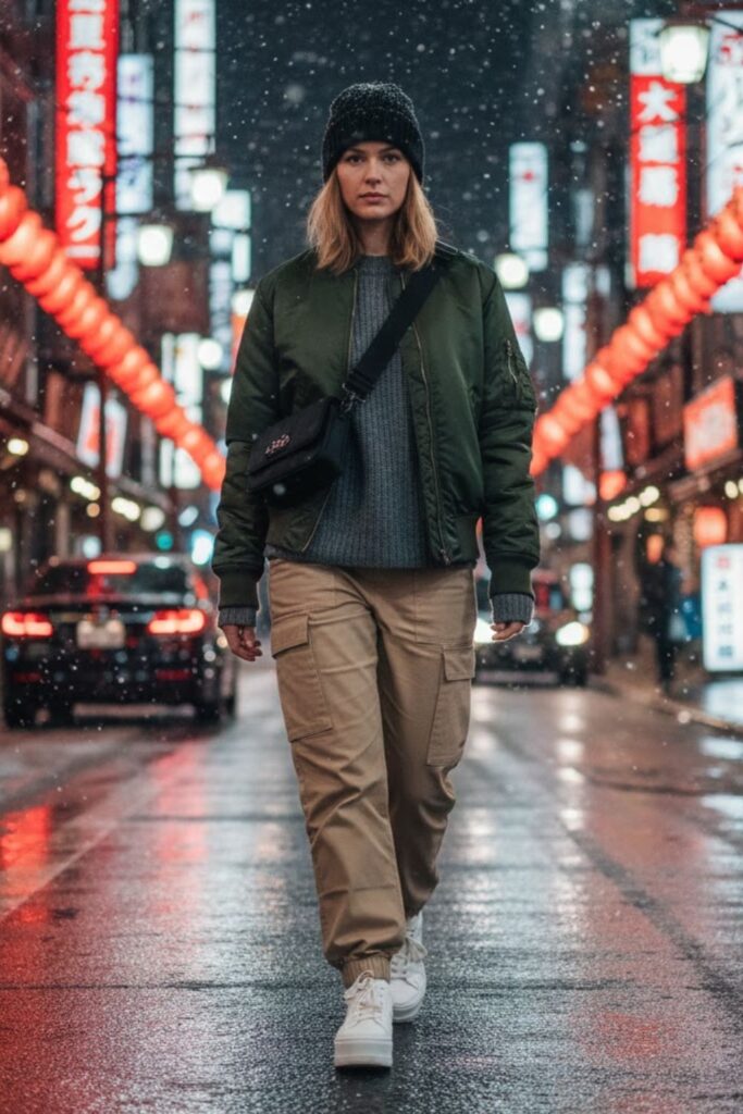 Bomber Jacket with Cargo Pants and Beanie