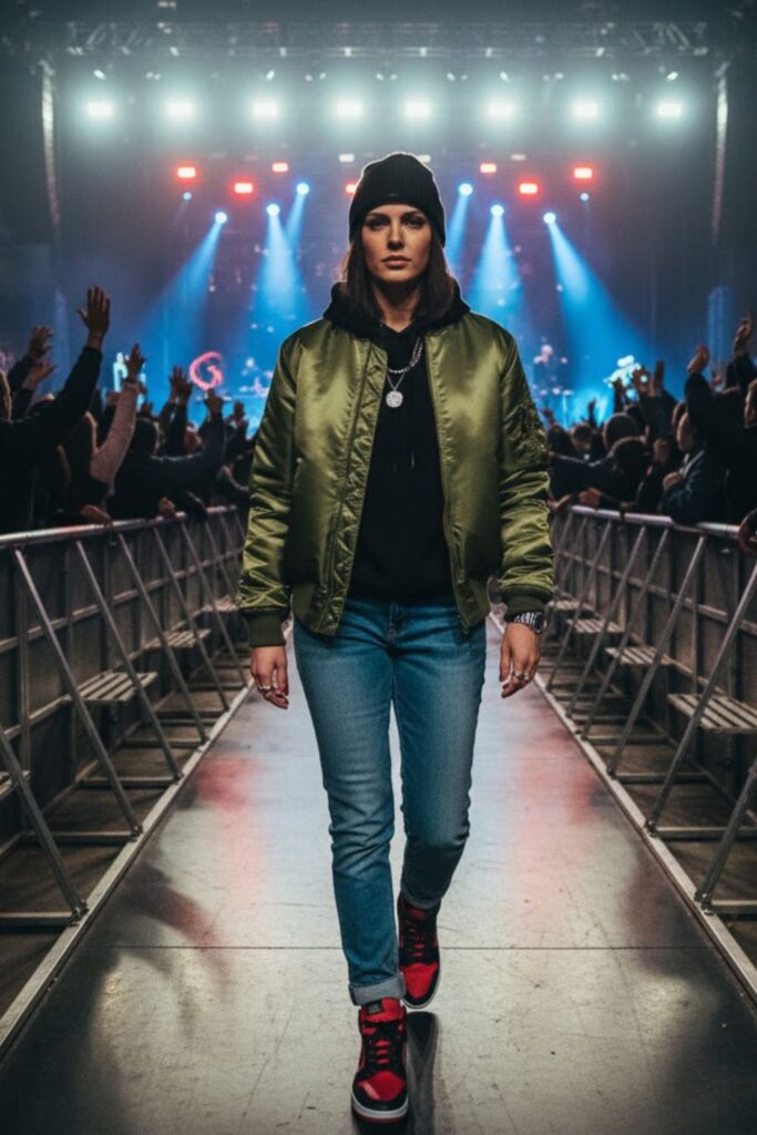 Bomber jacket + knit beanie + cuffed jeans + statement shoes