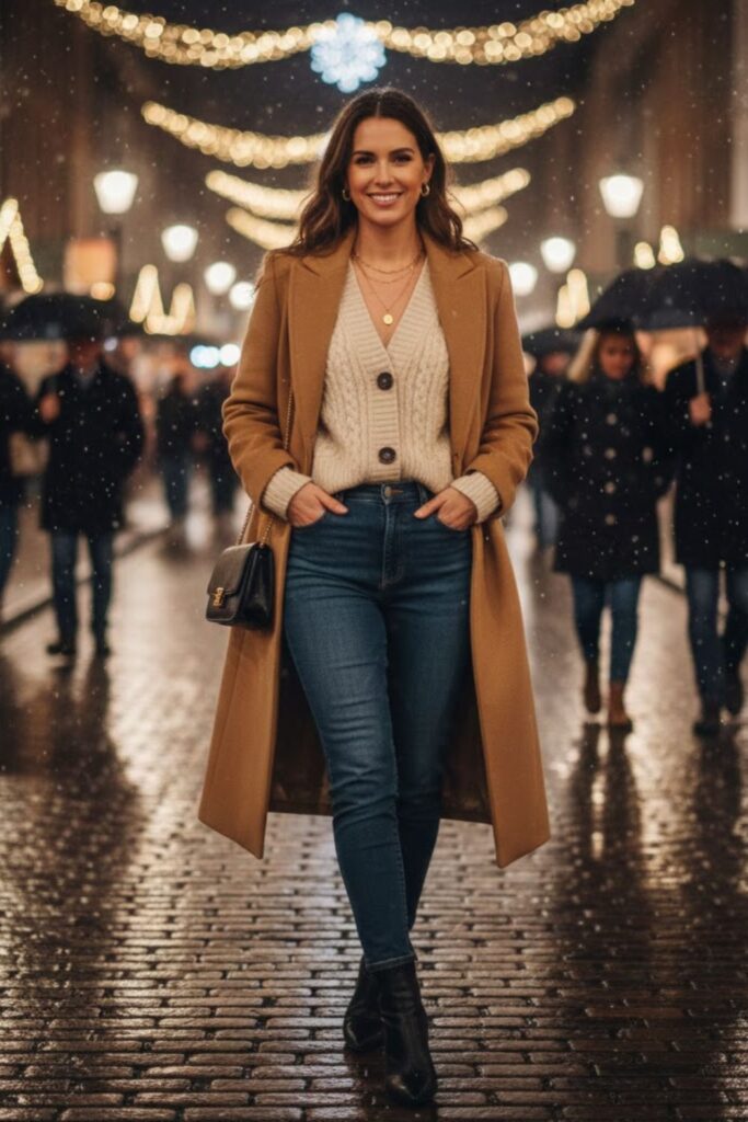 Cable Knit Cardigan with High-Waisted Jeans