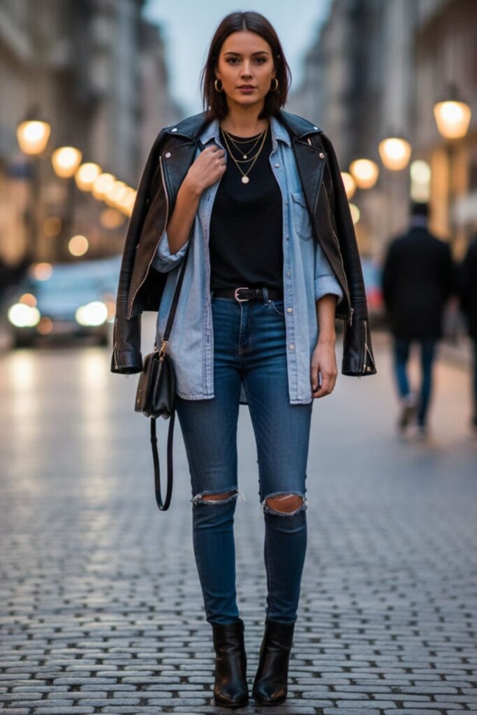 Chambray Oversized Shirt with Distressed Jeans