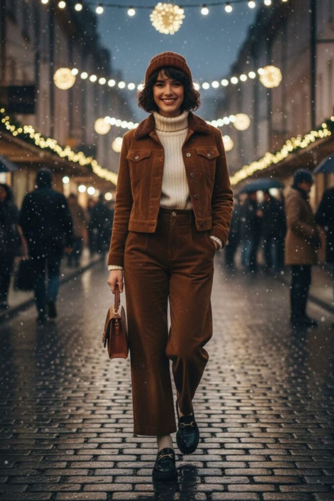 Corduroy Jacket with Wide-Leg Pants and Loafers