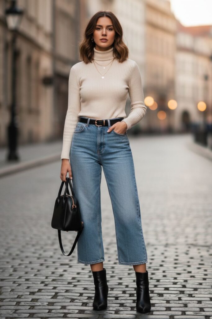 Cropped Wide-Leg Jeans with Ankle Booties