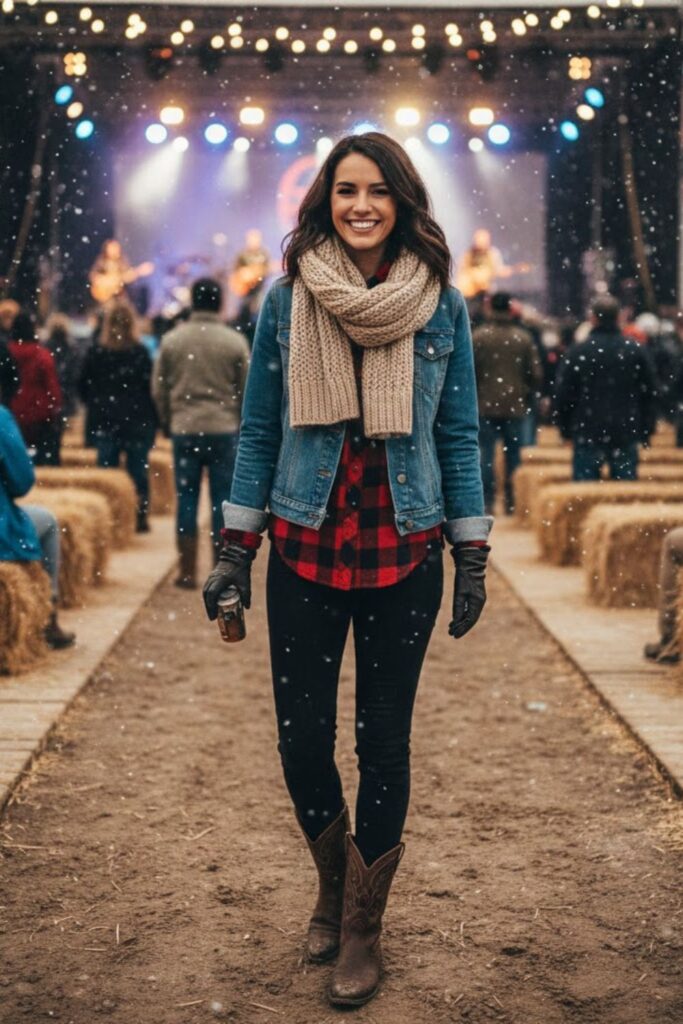 Denim Jacket Layered Over Flannel Shirt