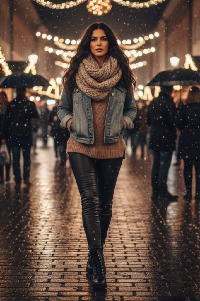  Denim Jacket with Faux Leather Leggings