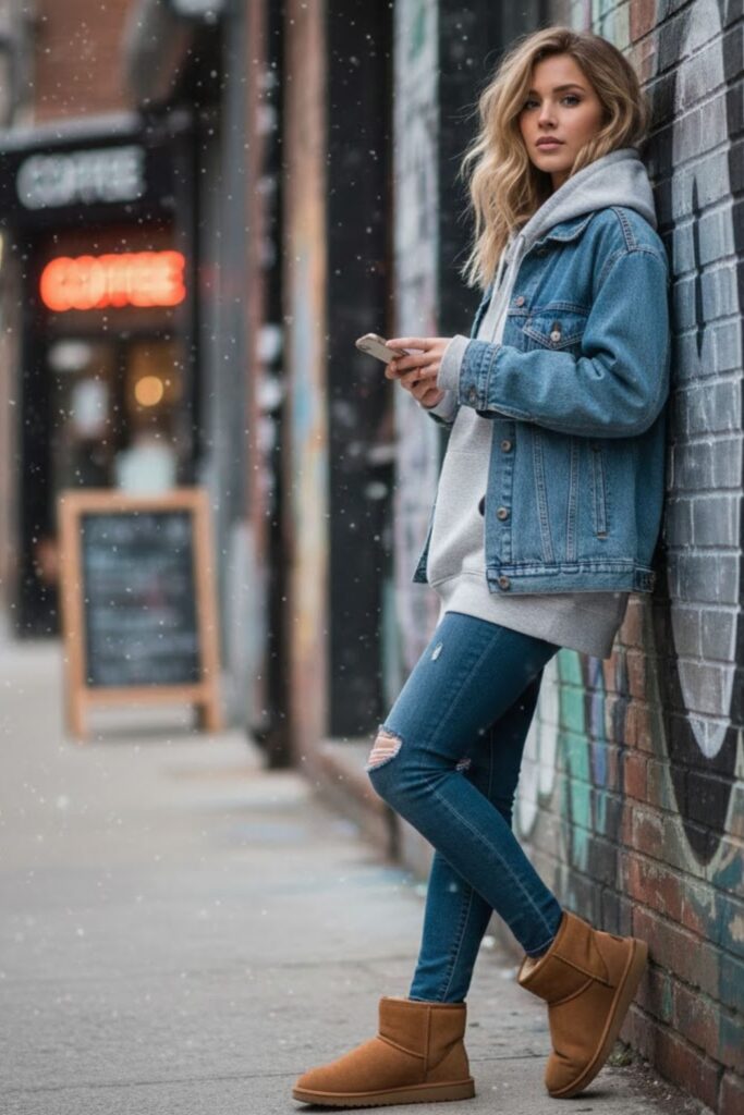  Denim Jacket with Hoodie, Jeans, and Uggs