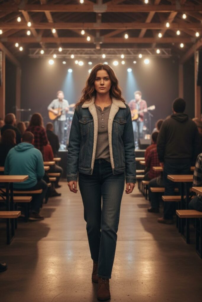 Denim Jacket with Sherpa Lining + Thermal Henley + Relaxed Jeans + Suede Boots