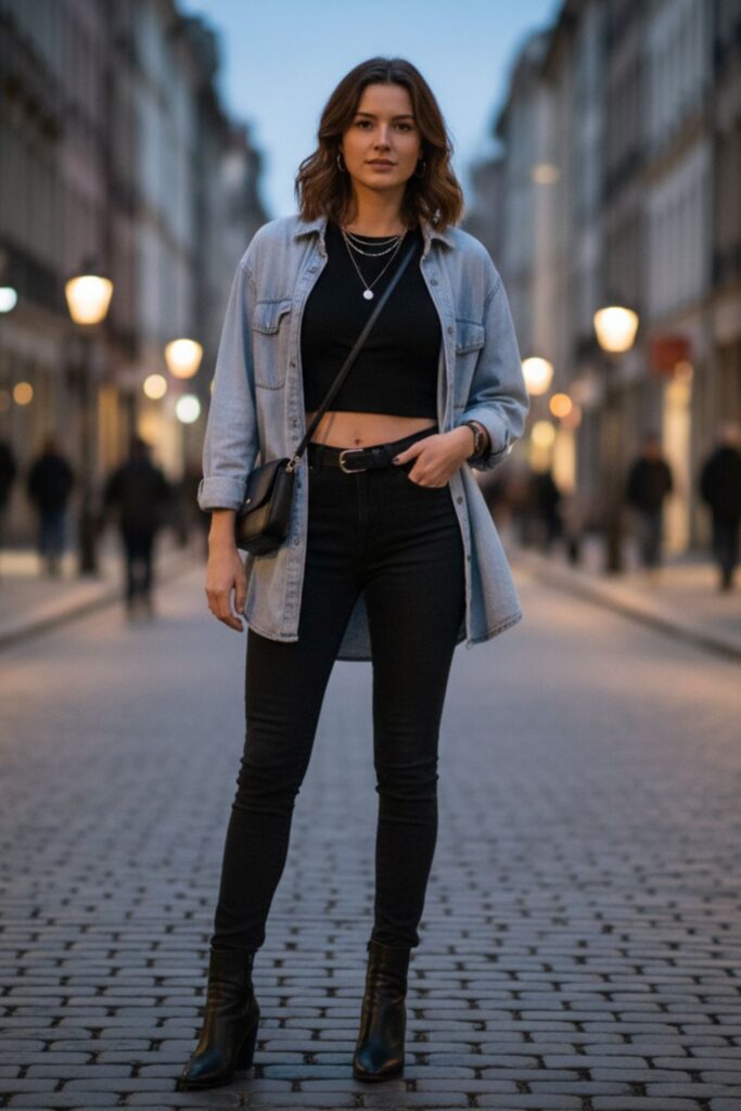 Denim Oversized Shirt with Black Skinny Jeans