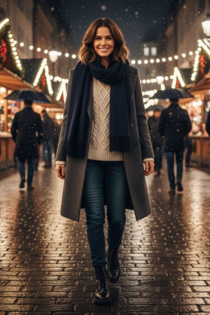 Double-Breasted Coat with Layered Knits
