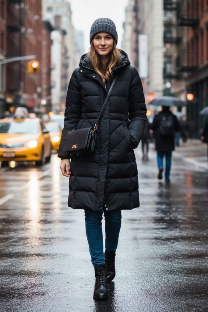 Down Coat with Knit Beanie