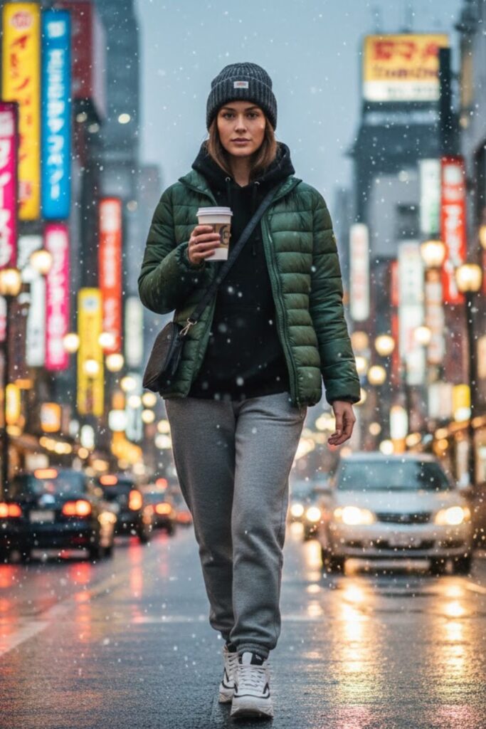 Down Jacket with Joggers and Sneakers
