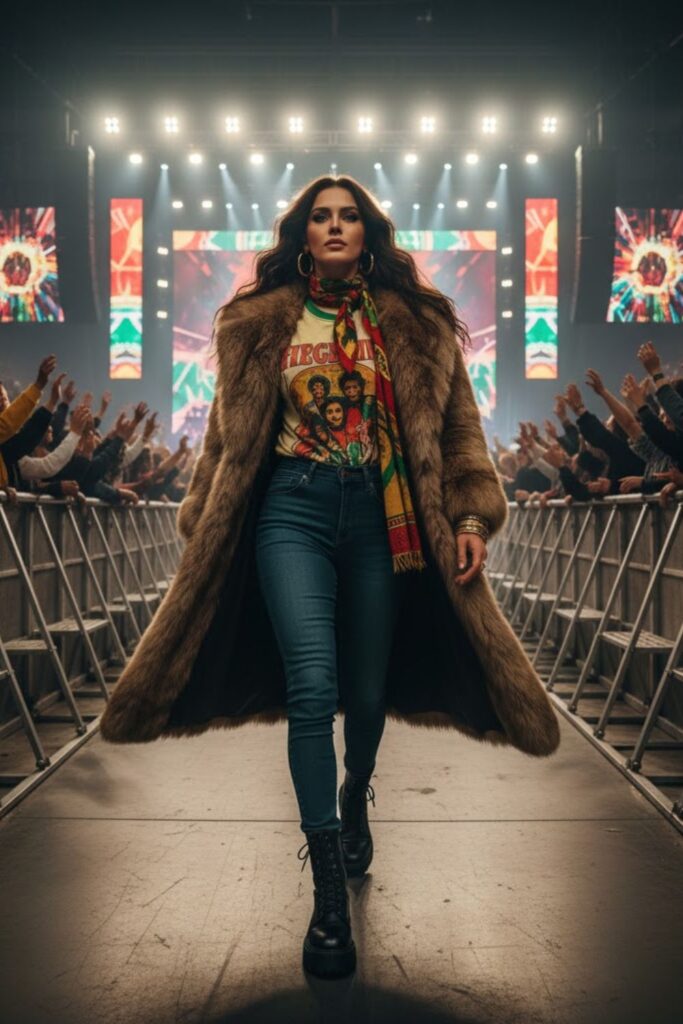 Faux Fur Coat + Vintage Reggae Tee + High-Rise Jeans + Platform Boots