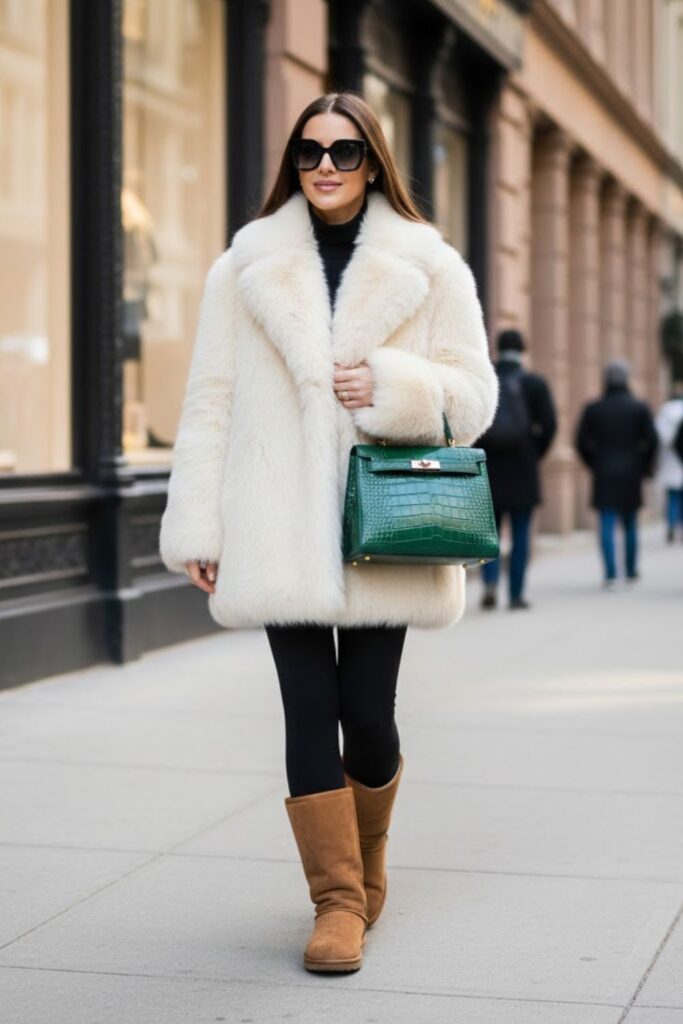 Faux Fur Coat with Black Leggings and Uggs