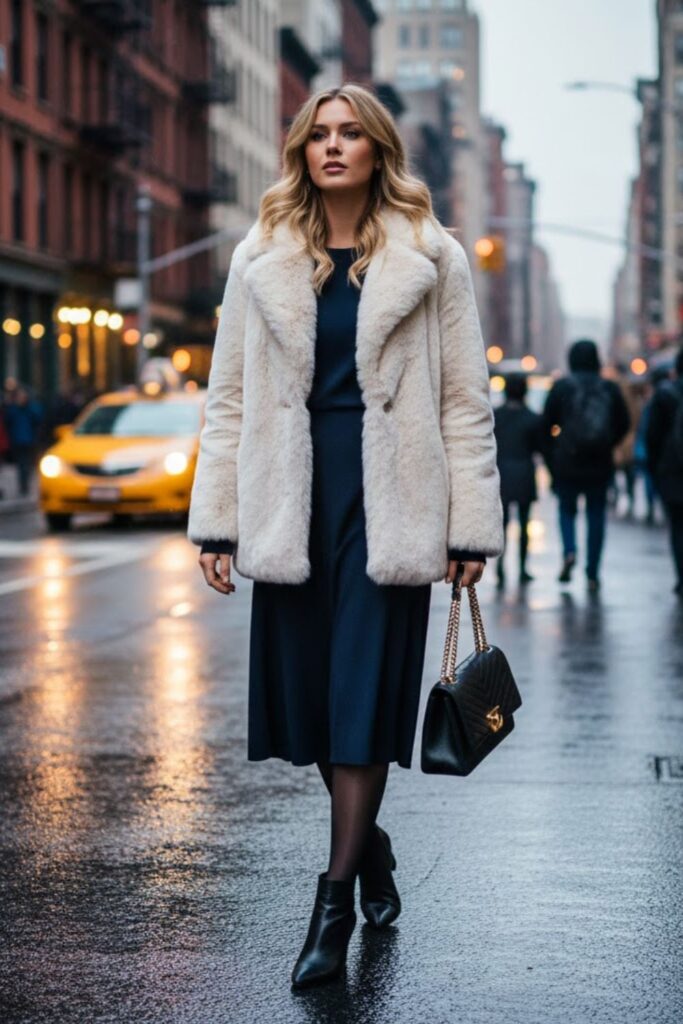 Faux Fur Coat with Midi Dress