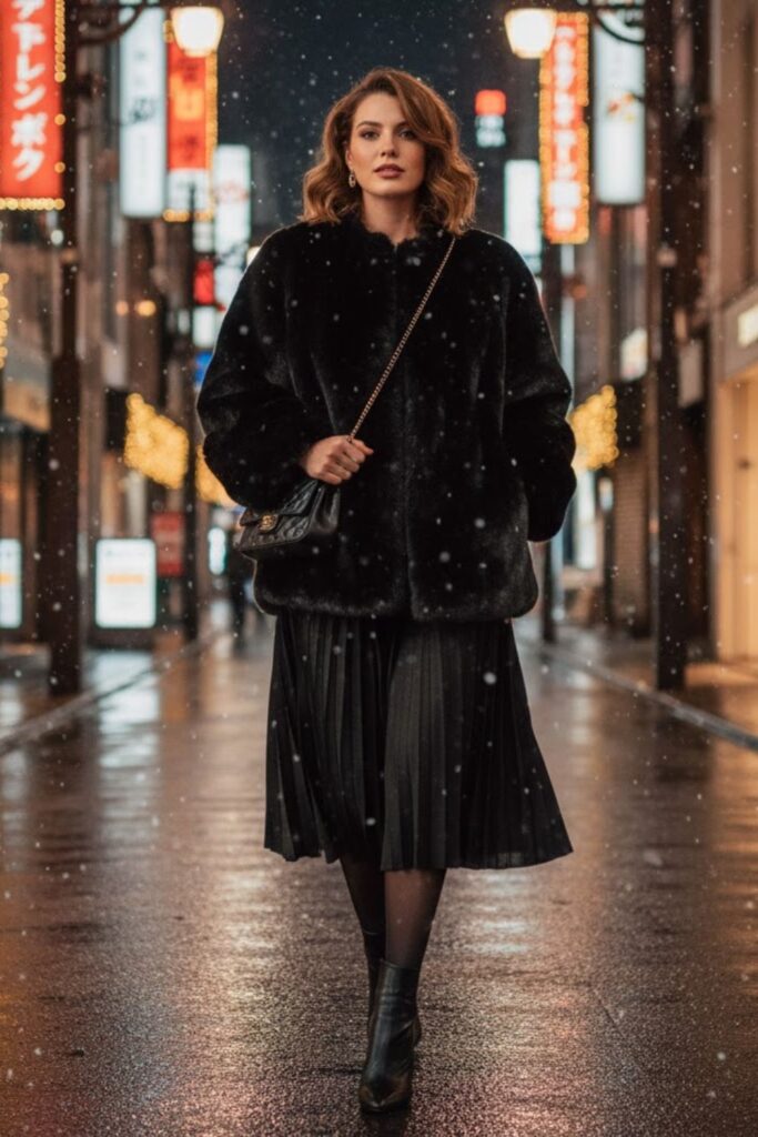 Faux Fur Coat with Midi Skirt and Boots