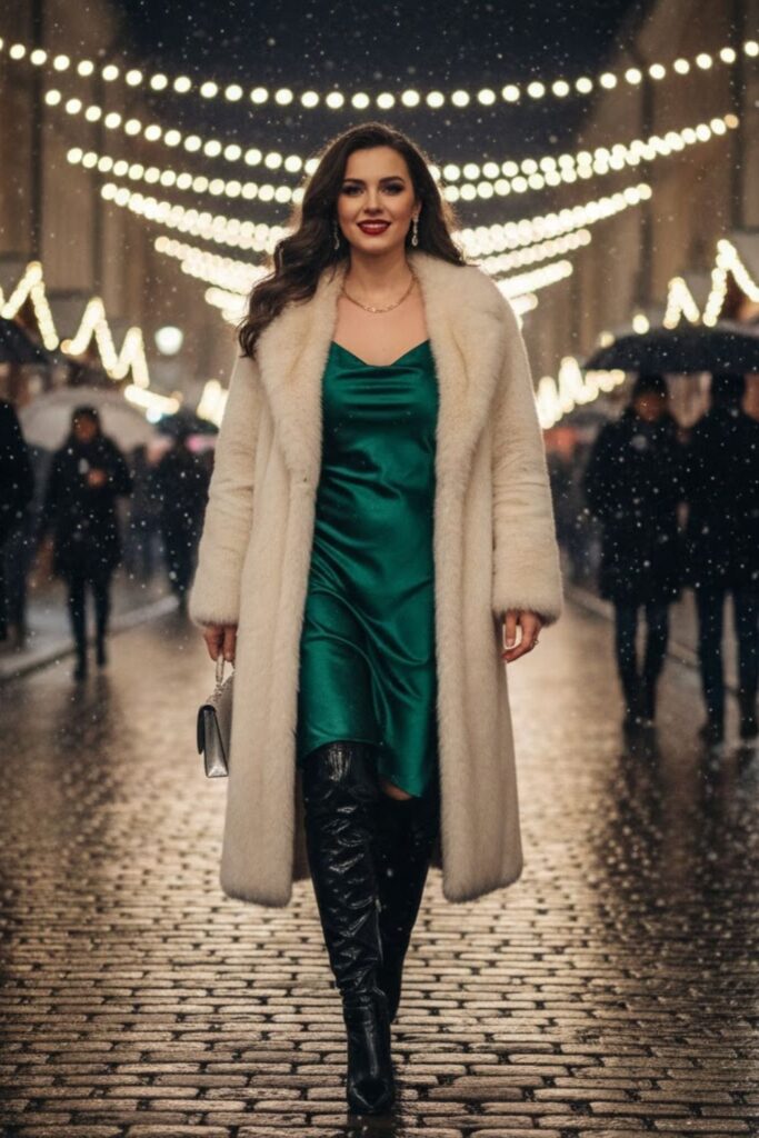 Faux Fur Coat with Slip Dress and Boots