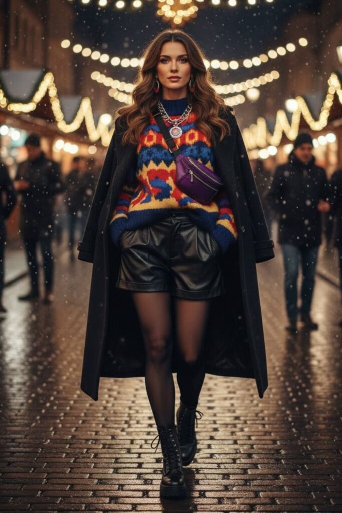 Faux Leather Shorts with Statement Sweater