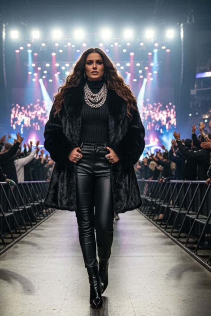 Faux fur coat + turtleneck + black jeans + luxury-style boots