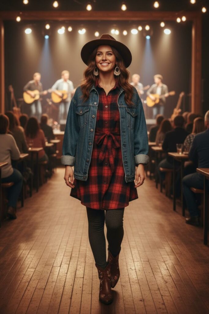 Flannel Dress + Denim Jacket + Thermal Leggings + Ankle Booties