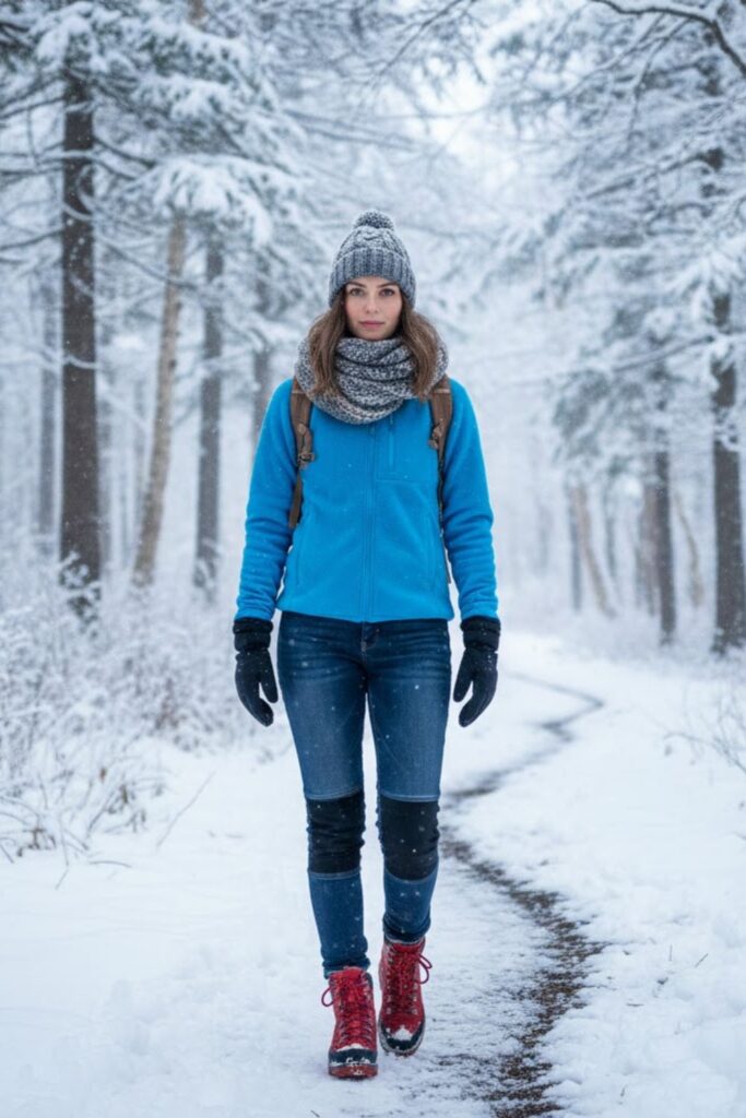 Fleece Jacket with Denim and Hiking Boots