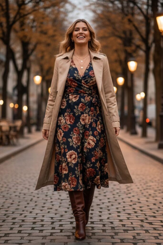 Floral Dress with Trench Coat