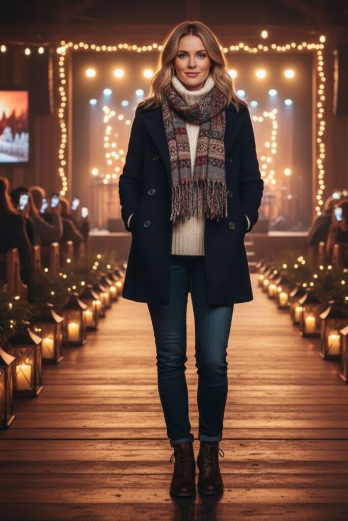 Flowy Peacoat with Knit Sweater and Scarf