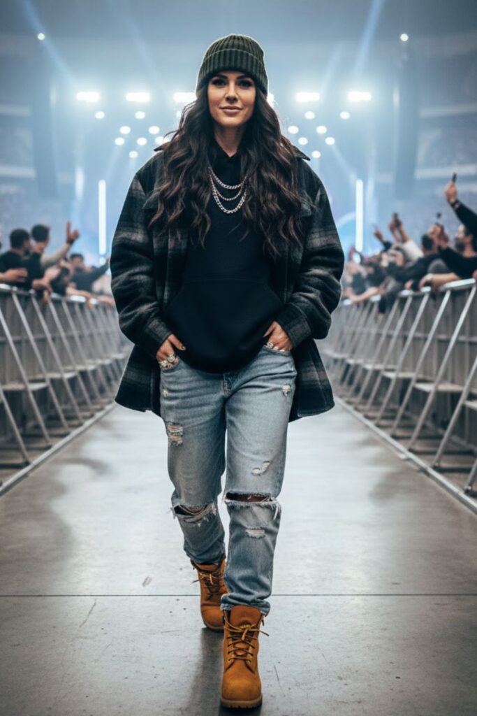 Heavy flannel overshirt + hoodie + distressed jeans + Timberland boots