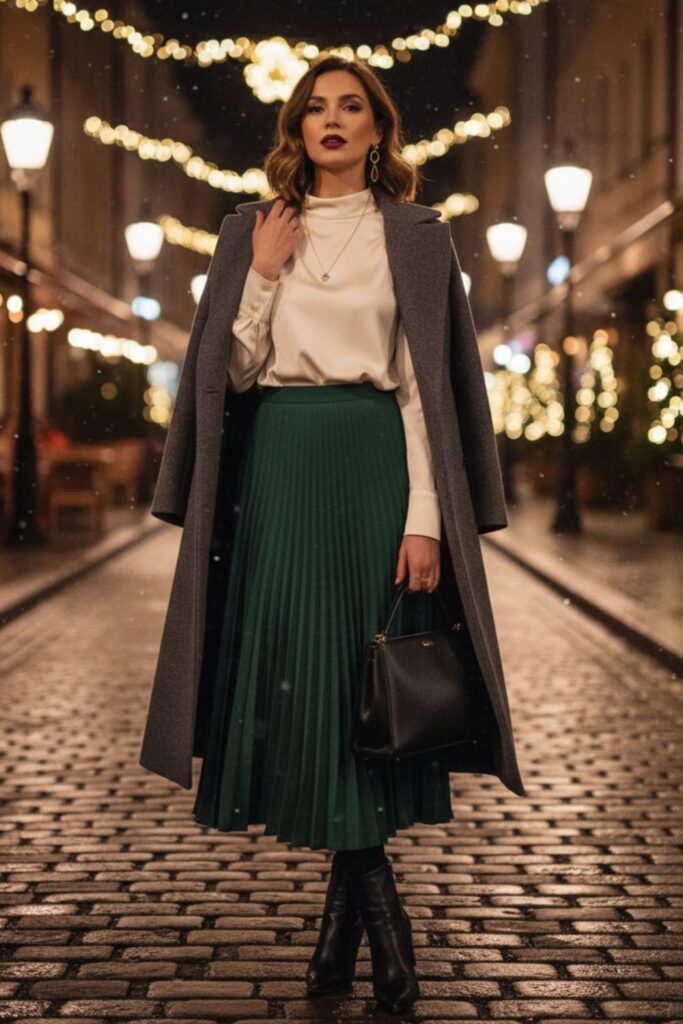 High-Neck Blouse with Midi Skirt