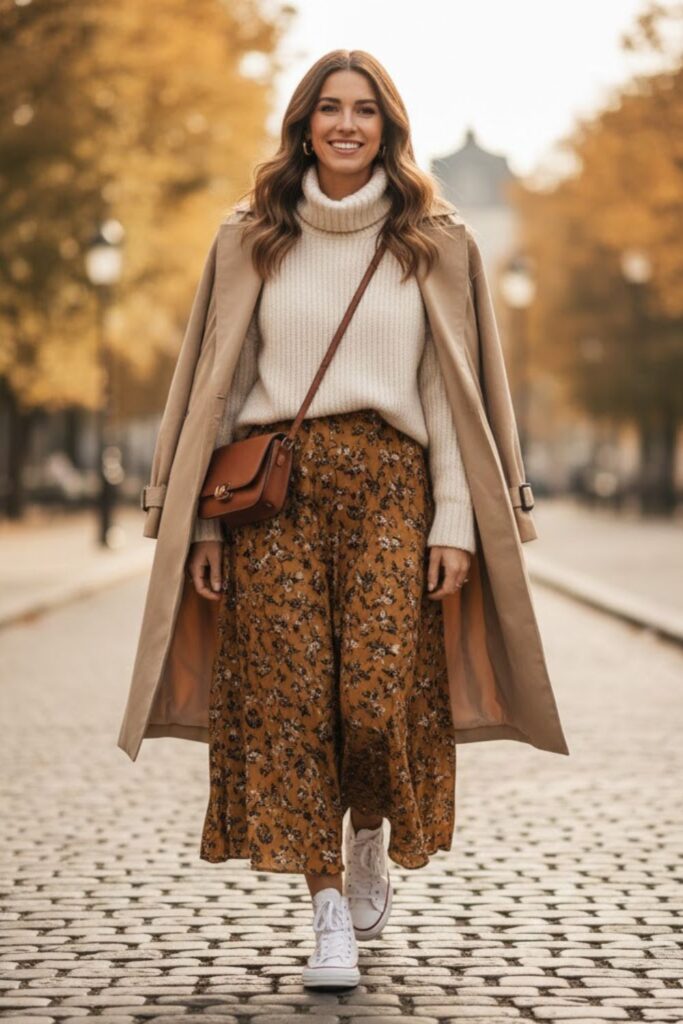 High-Top Sneakers with Maxi Skirt