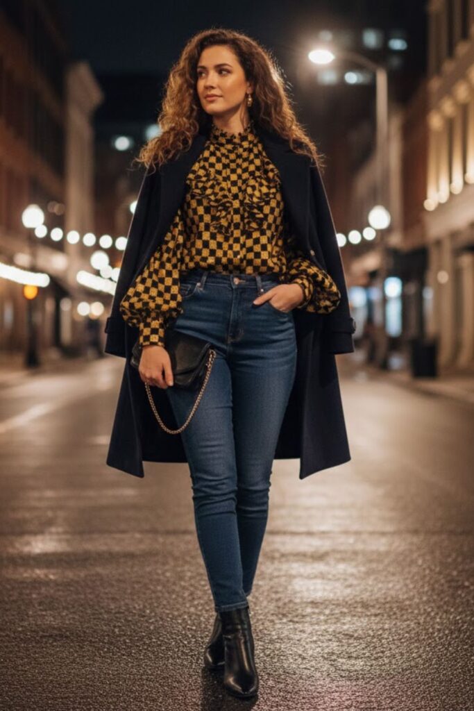 High-Waist Jeans with Statement Blouse and Boots