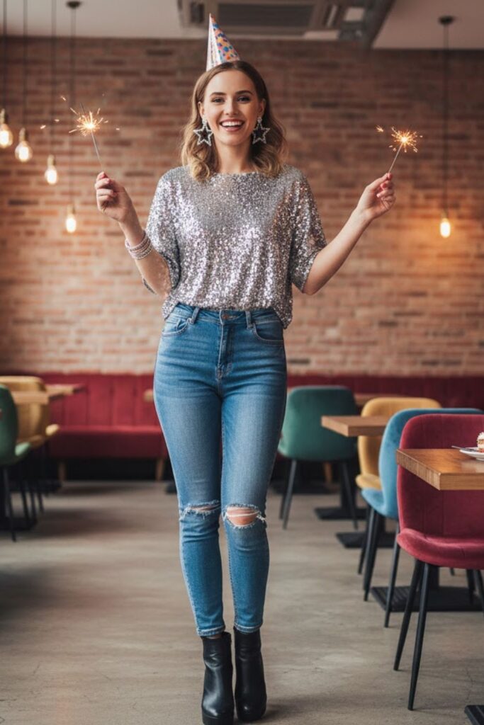 High-Waisted Jeans with a Sparkly Top