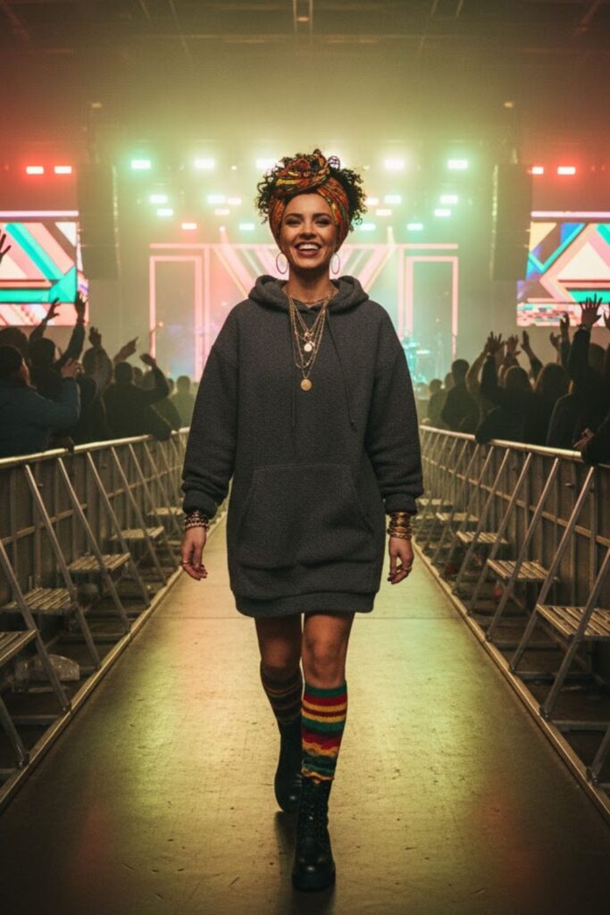 Hoodie Dress + Thick Socks + Lug Boots + Patterned Headwrap