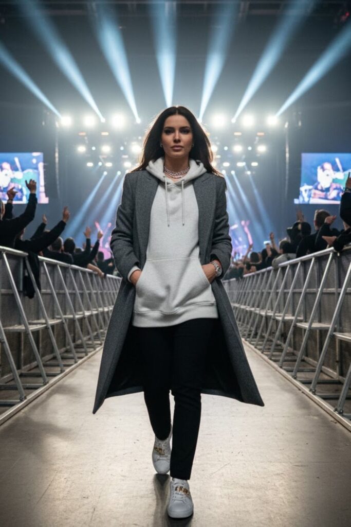Hoodie + long wool coat + tapered pants + luxury sneakers