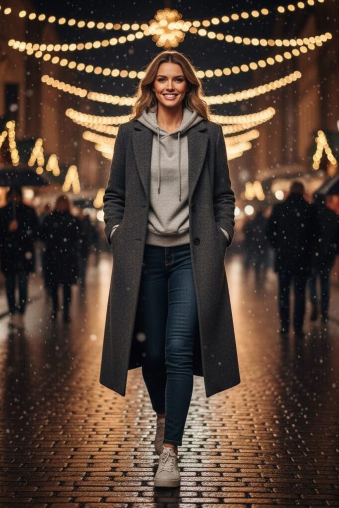 Hoodie with Long Coat and Sneakers