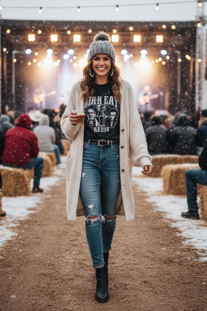 Knit Cardigan Over Graphic Tee