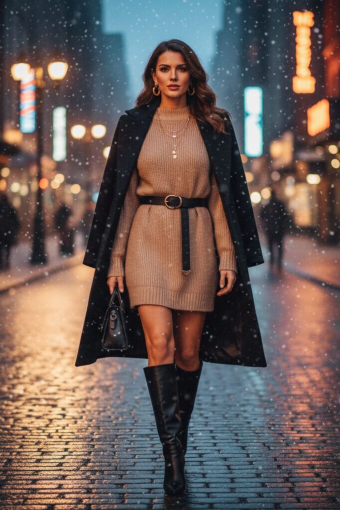 Knit Dress with Belt and Boots