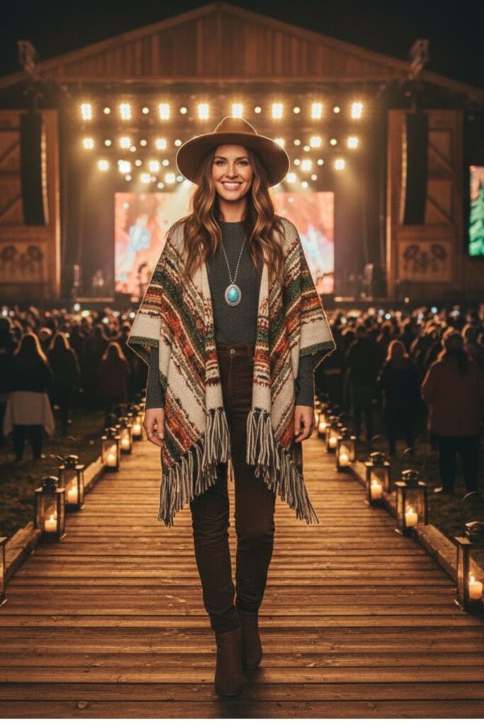 Knit Poncho with Thermal Top and Skinny Jeans