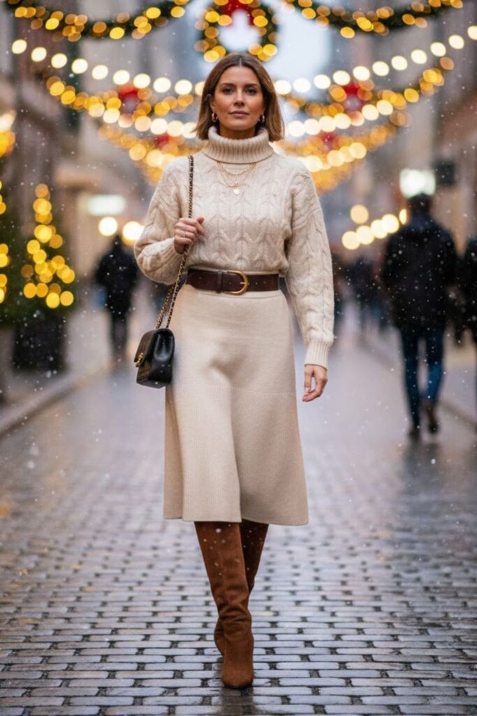 Knit Skirt Set with Knee-High Boots