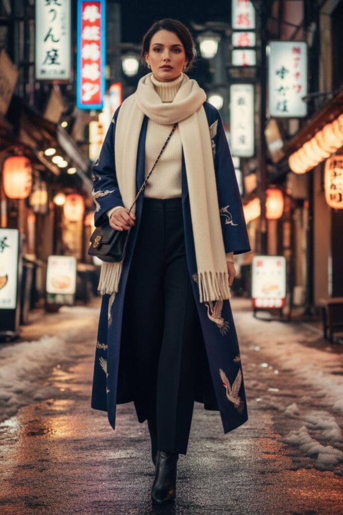 Layered Kimono-Inspired Coat with Wide-Leg Pants