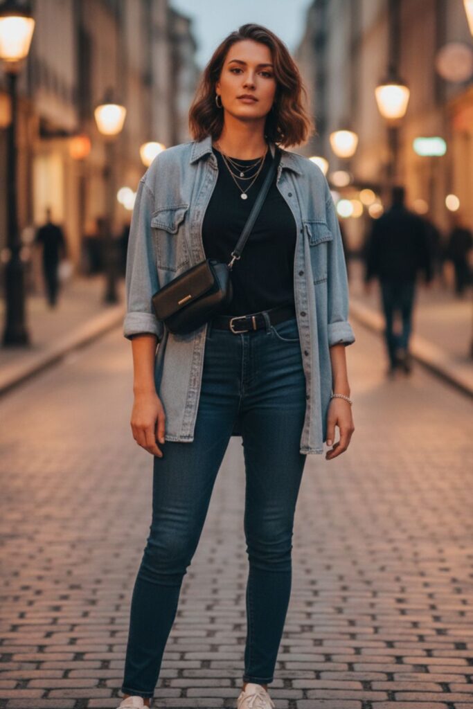 Layered Oversized Shirt over Basic Tee with Jeans