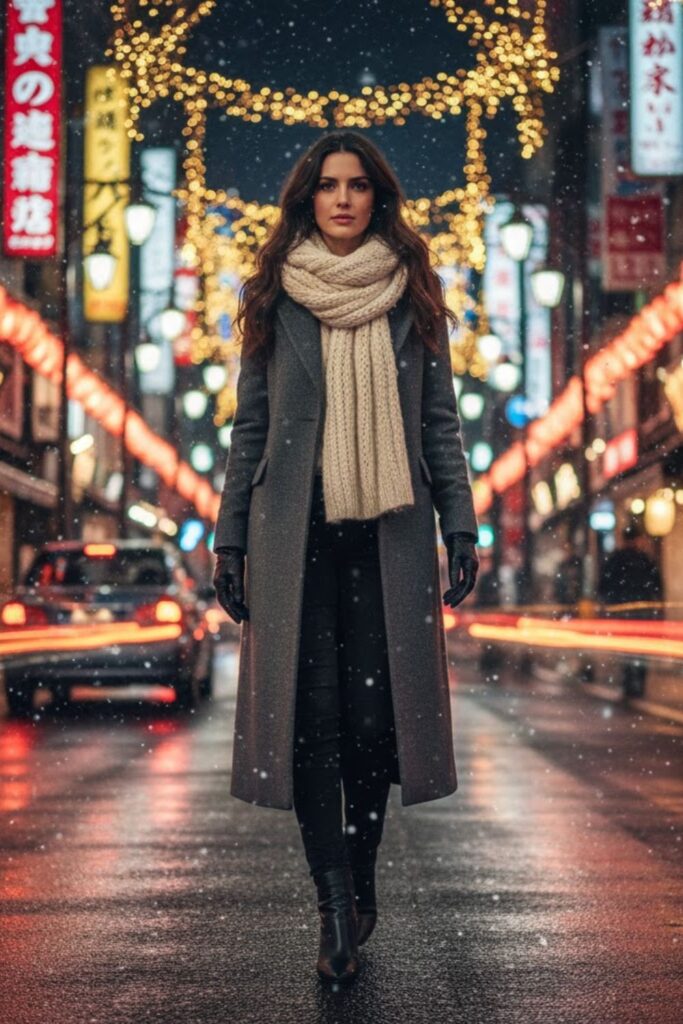Layered Wool Coat with Scarf and Leather Gloves
