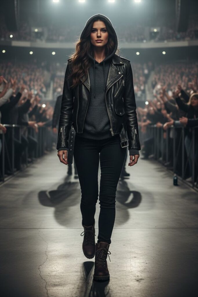 Leather Jacket + Hoodie + Black Jeans + Winter Boots