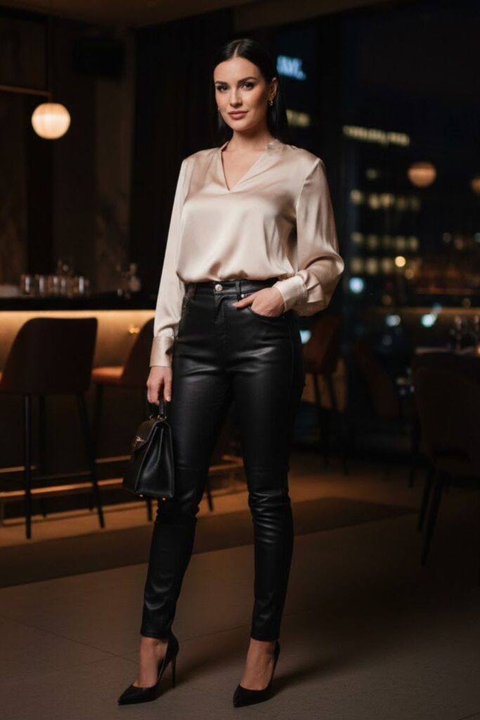 Leather Pants with Satin Blouse