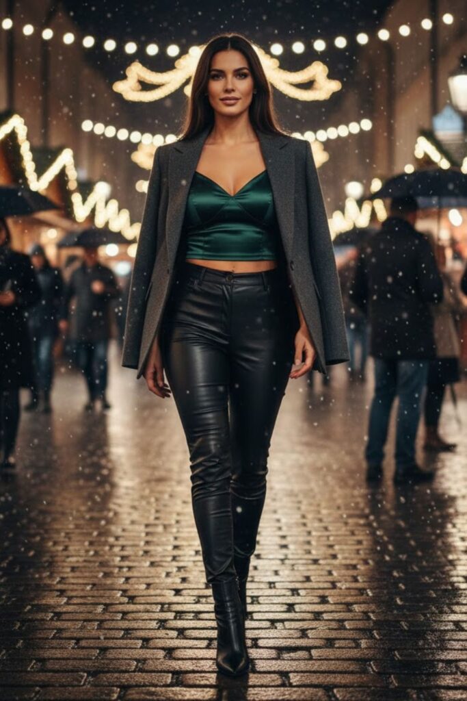 Leather Pants with Satin Crop Top