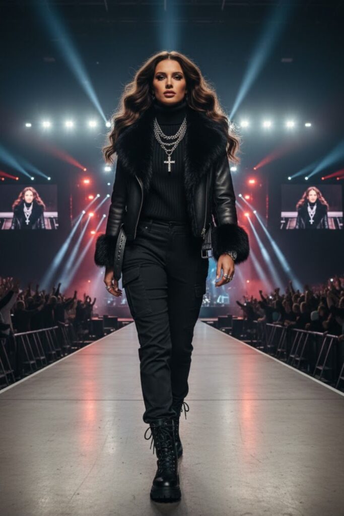 Leather fur-trim jacket + knit turtleneck + black cargos + premium boots