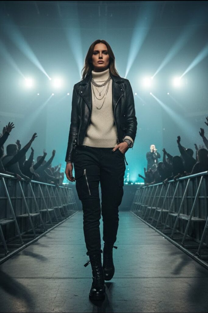 Leather jacket + knit sweater + slim cargos + boots or sneakers