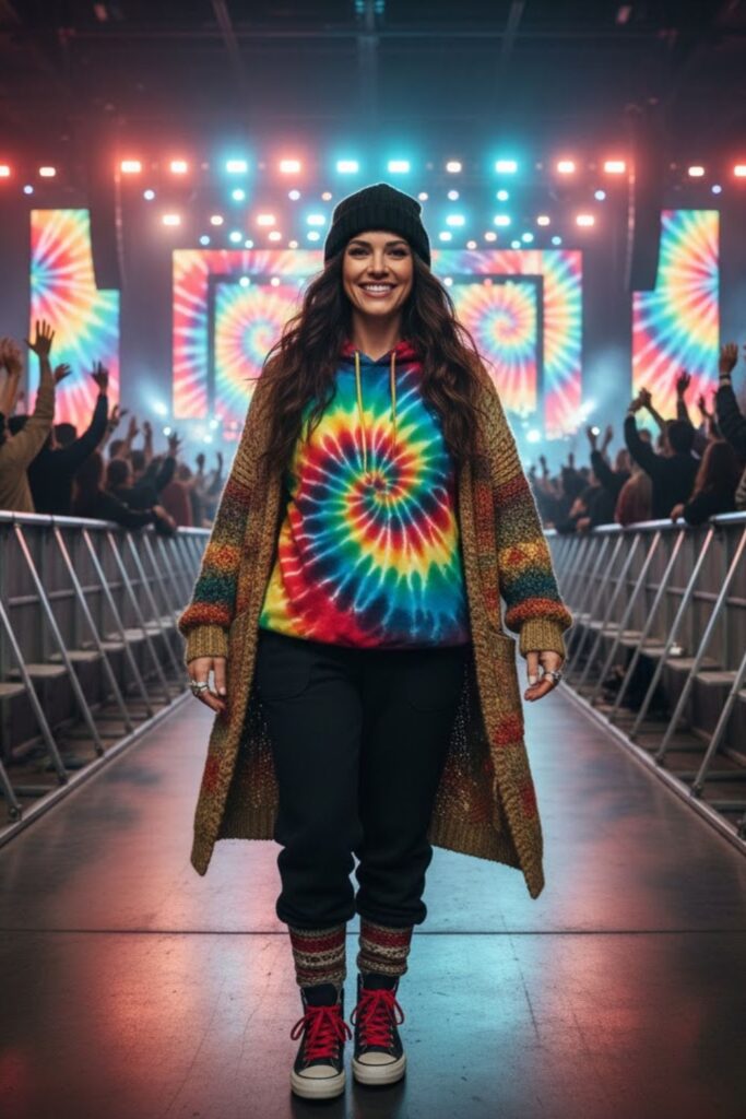 Long Cardigan + Tie-Dye Shirt + Fleece Pants + Retro Sneakers